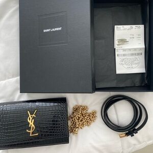Saint Laurent Black Croc Leather belt bag / clutch with Gold Accents